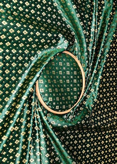 Bottle Green Banarasi Brocade Fabric With All Over Golden Zari Handloom 22439