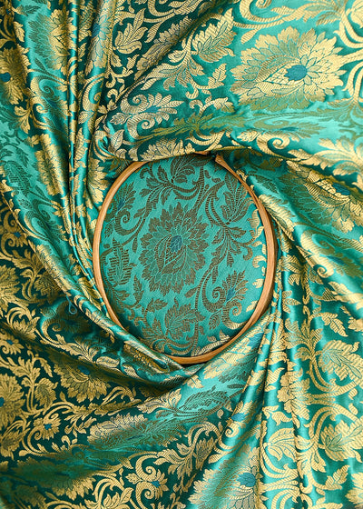 Teal Blue Banarasi Brocade Fabric With All Over Golden Zari Handloom 22447