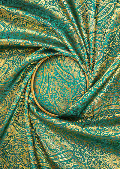 Rama Green Banarasi Brocade Fabric With All Over Thread And Zari Handloom 22456
