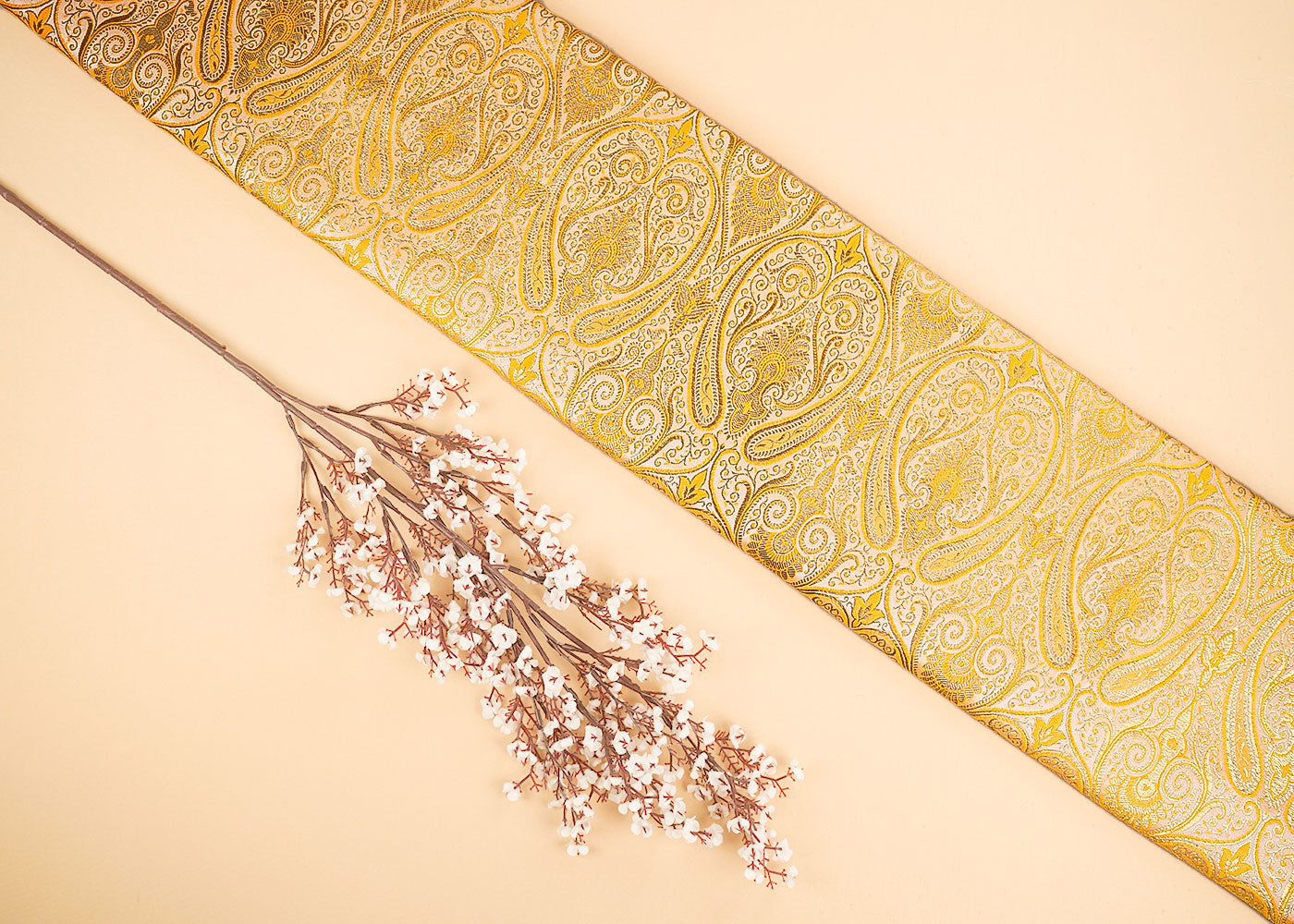 Peach-Banarasi-Brocade-Fabric-With-Allover-Golden-Zari-Handloom-22460
