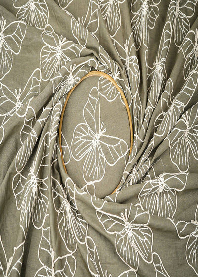 Sage Green Cotton Fabric With All Over Butterfly Motif Of Dori And Thread Work 22477