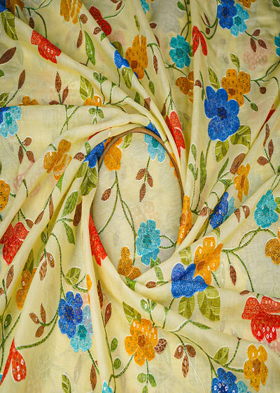 Lemon Yellow Muslin Fabric With All Over Sequins And Thread Work 22483