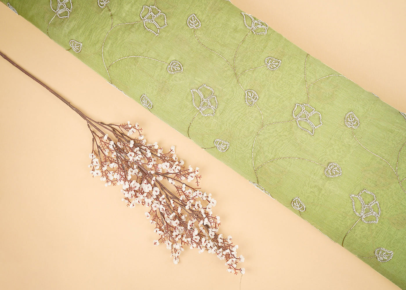 Pista Green Chanderi Fabric With All Over Floral Bead And Zari Work 22487