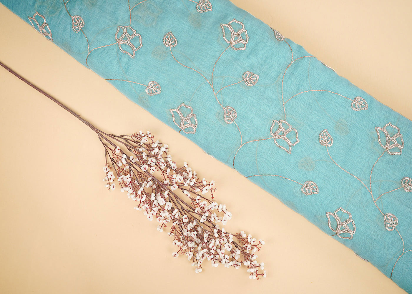 Blue Chanderi Fabric With All Over Floral Bead And Zari Work 22489