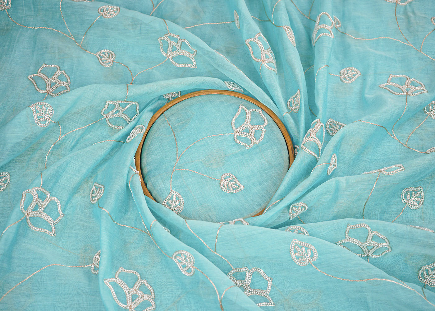 Blue Chanderi Fabric With All Over Floral Bead And Zari Work 22489
