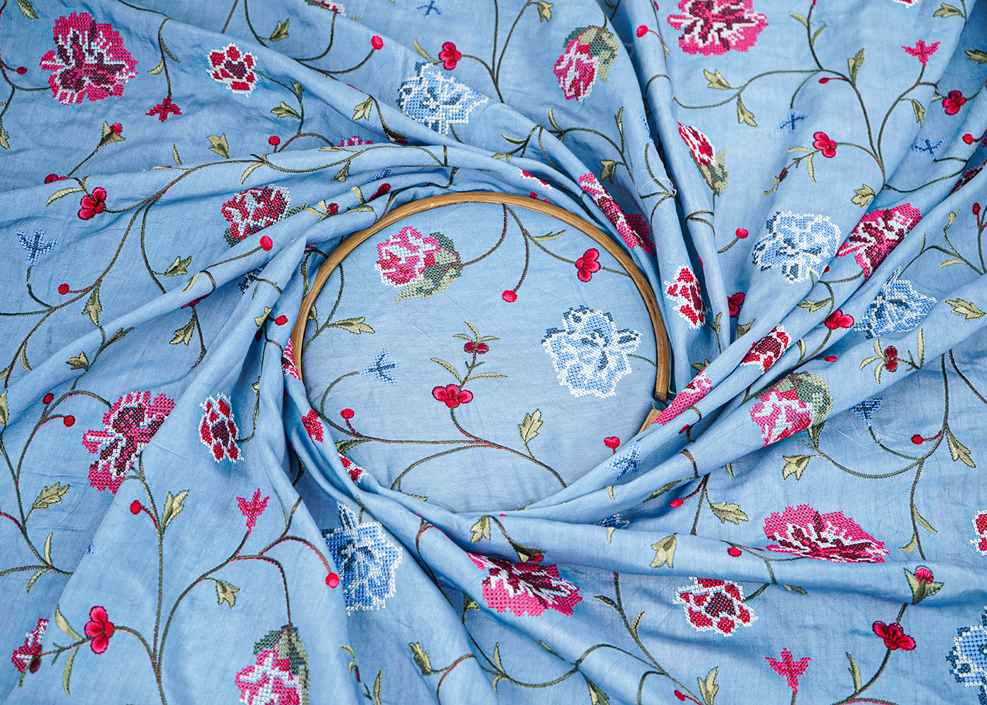 Blue-Chanderi-Fabric-With-All-Over-Multi-Color-Thread-Work-22494-close-view