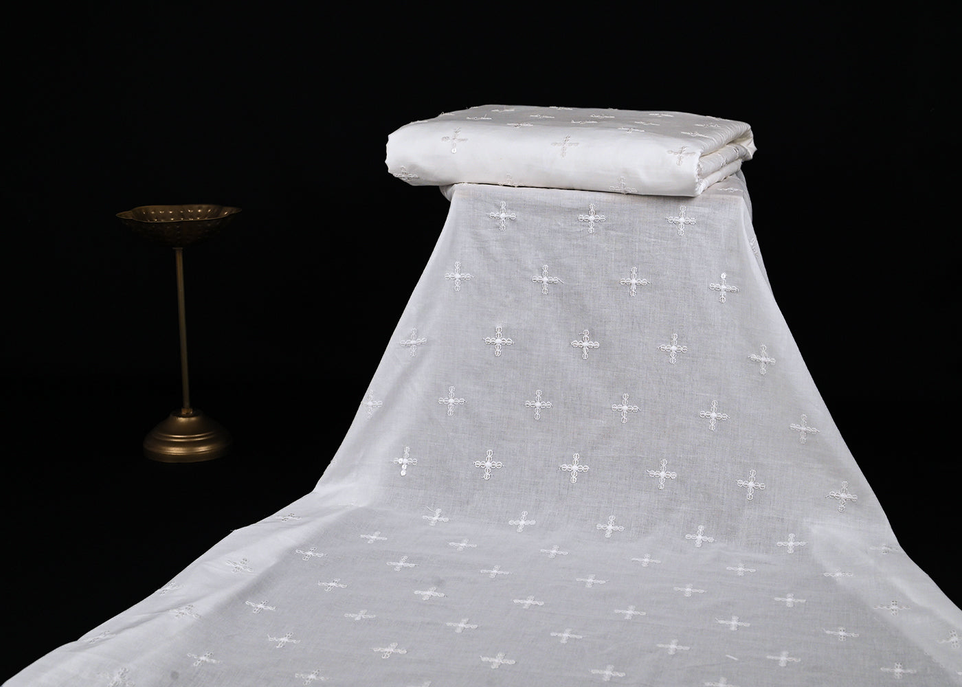 White Dyeable Cotton Fabric With All Over Sequins And Thread Work 22499