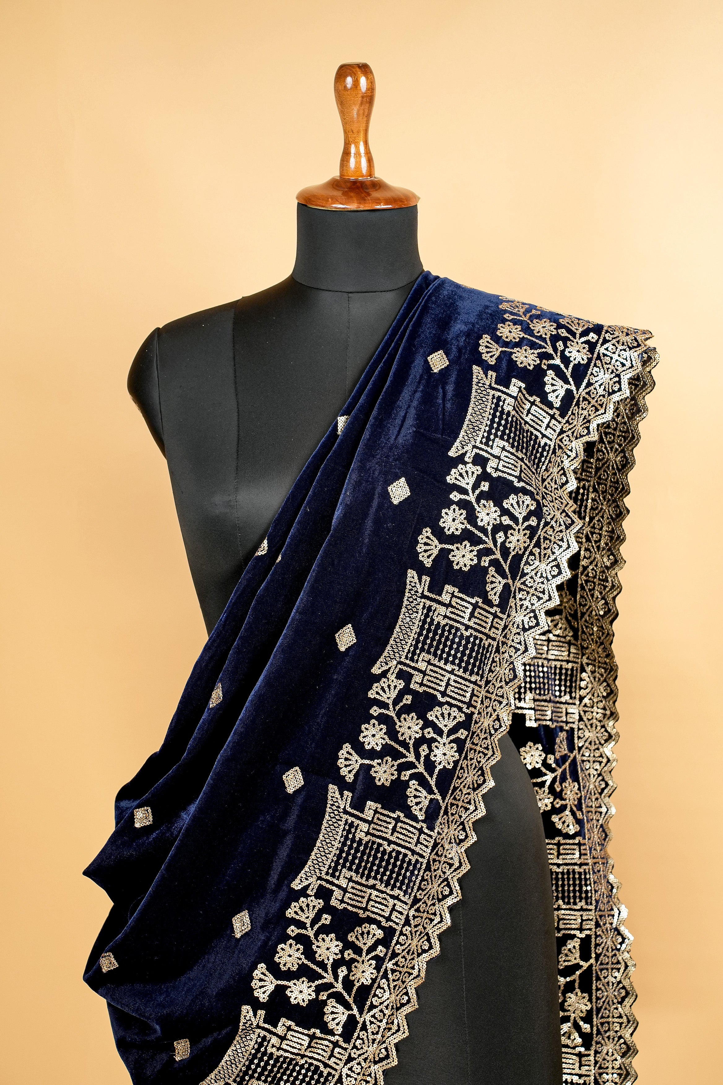 Navy Blue Dupatta With Sequins Butti Allover and Desihner Border Work