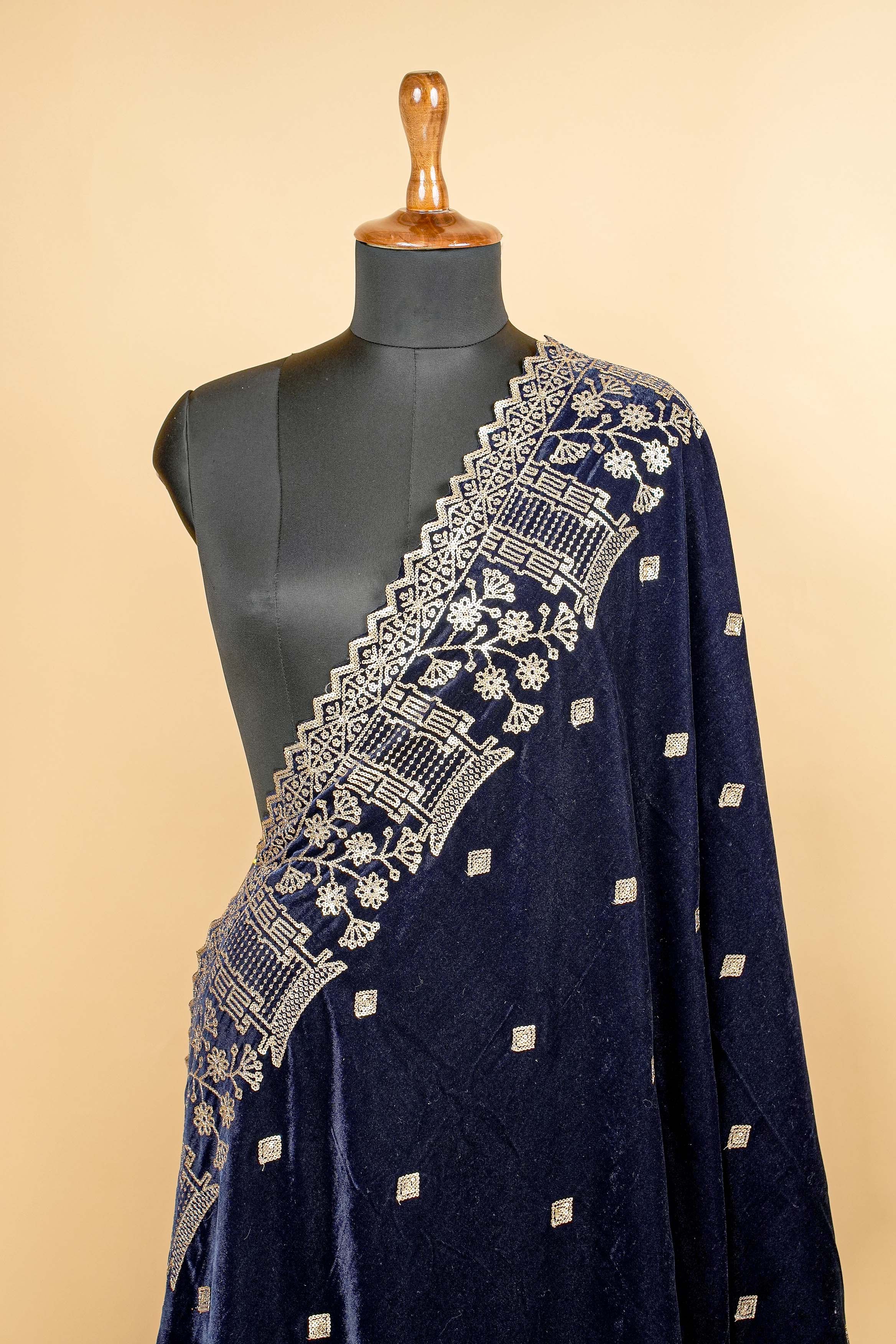 Navy Blue Dupatta With Sequins Butti Allover and Desiner Border