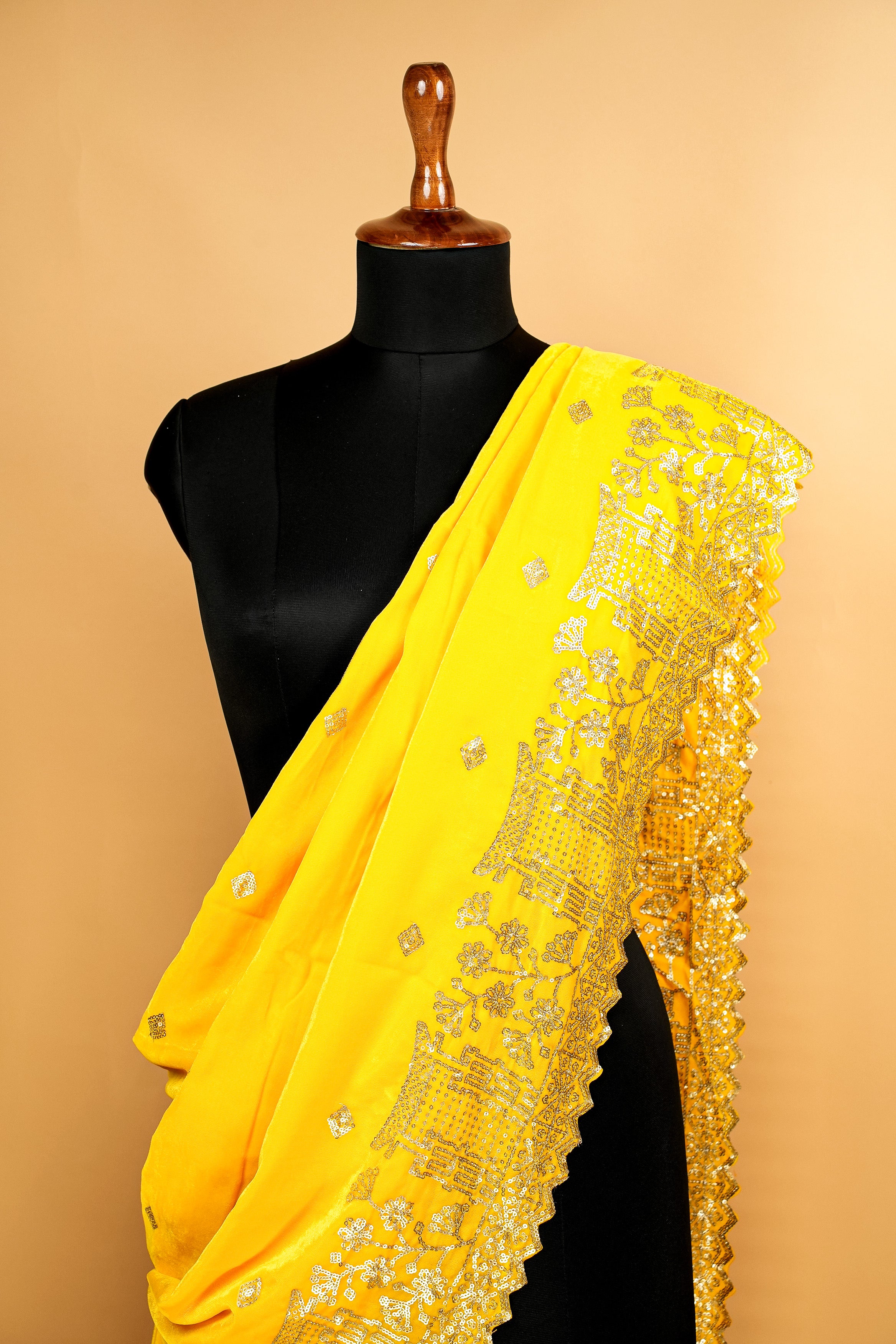 Bright Yellow Dupatta With Sequins Butti Allover and Designer Border work