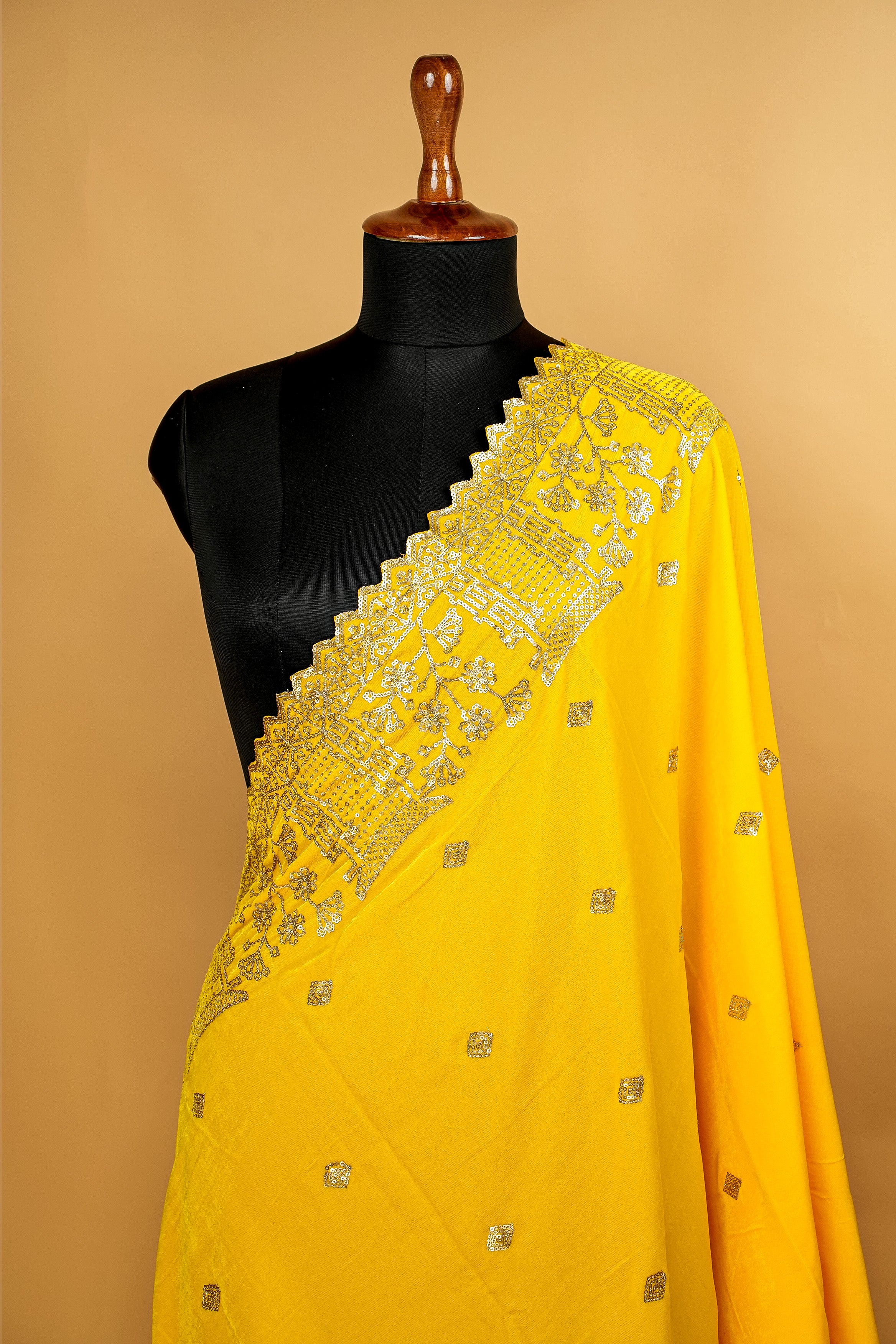 Bright Yellow Dupatta With Sequins Butti Allover and Border