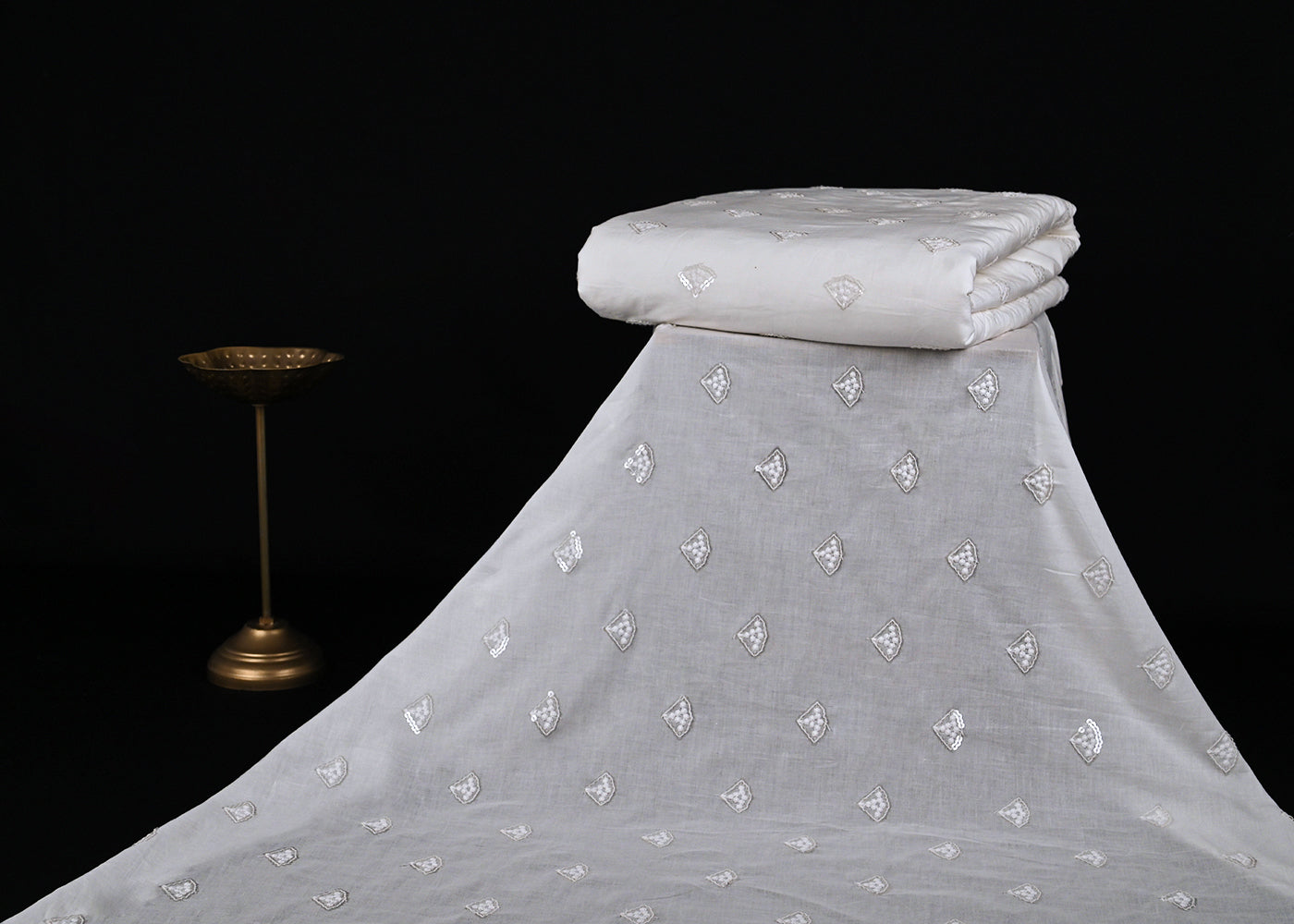 White Dyeable Cotton Fabric With All Over Sequins And Thread Work 22500