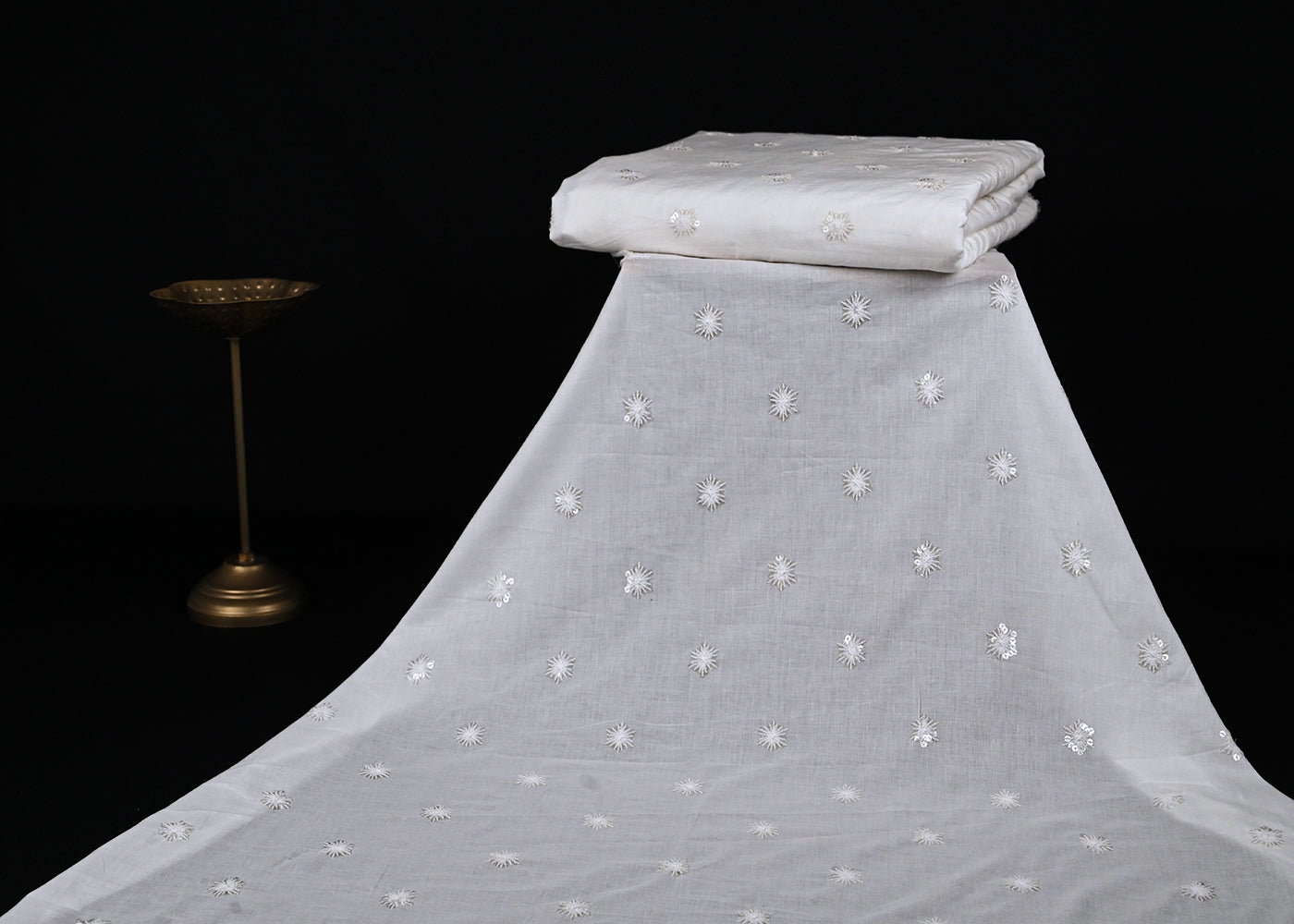 The Noor - White Dyeable Cotton Fabric With All Over Sequins And Thread Work | 22501