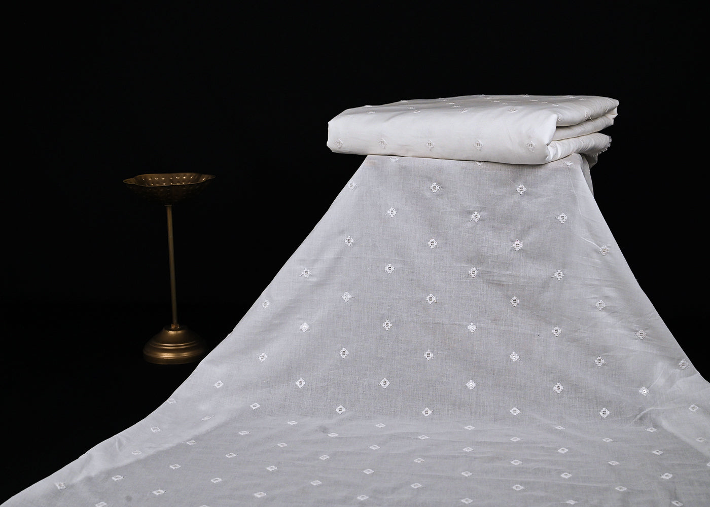 White Dyeable Cotton Fabric With All Over Sequins And Thread Work 22504