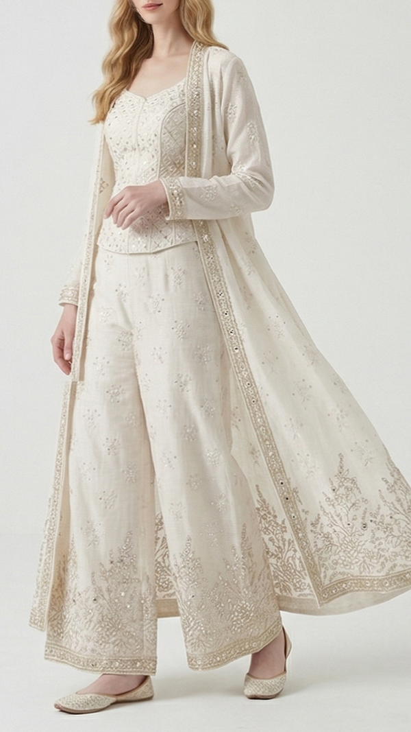 White Dyeable Linen Silk Fabric With All Over Zari, Sequins, Thread And Faux Mirror Work With One Side Border 22507