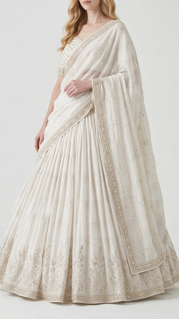 White Dyeable Linen Silk Fabric With All Over Zari, Sequins, Thread And Faux Mirror Work With One Side Border 22507