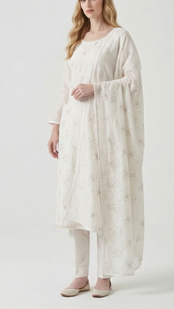 White Dyeable Linen Silk Fabric With All Over Zari, Sequins, Thread And Faux Mirror Work With One Side Border 22507