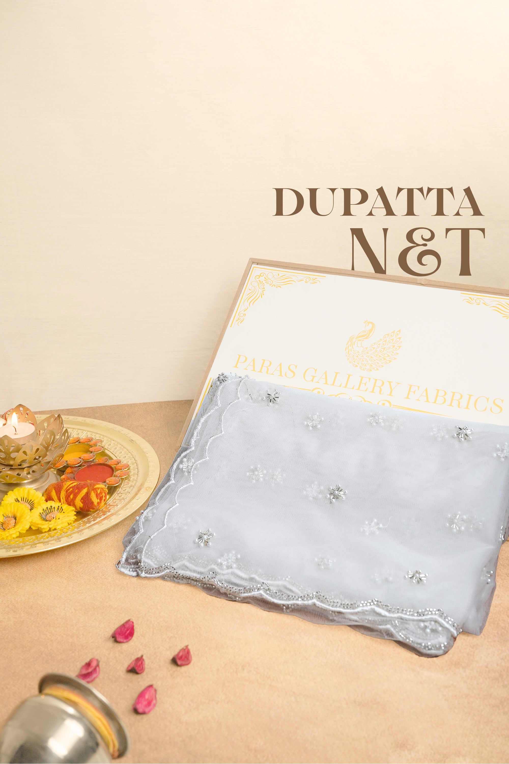 White Dyeable Net Dupatta All Over Katdana And Bead Work 22513