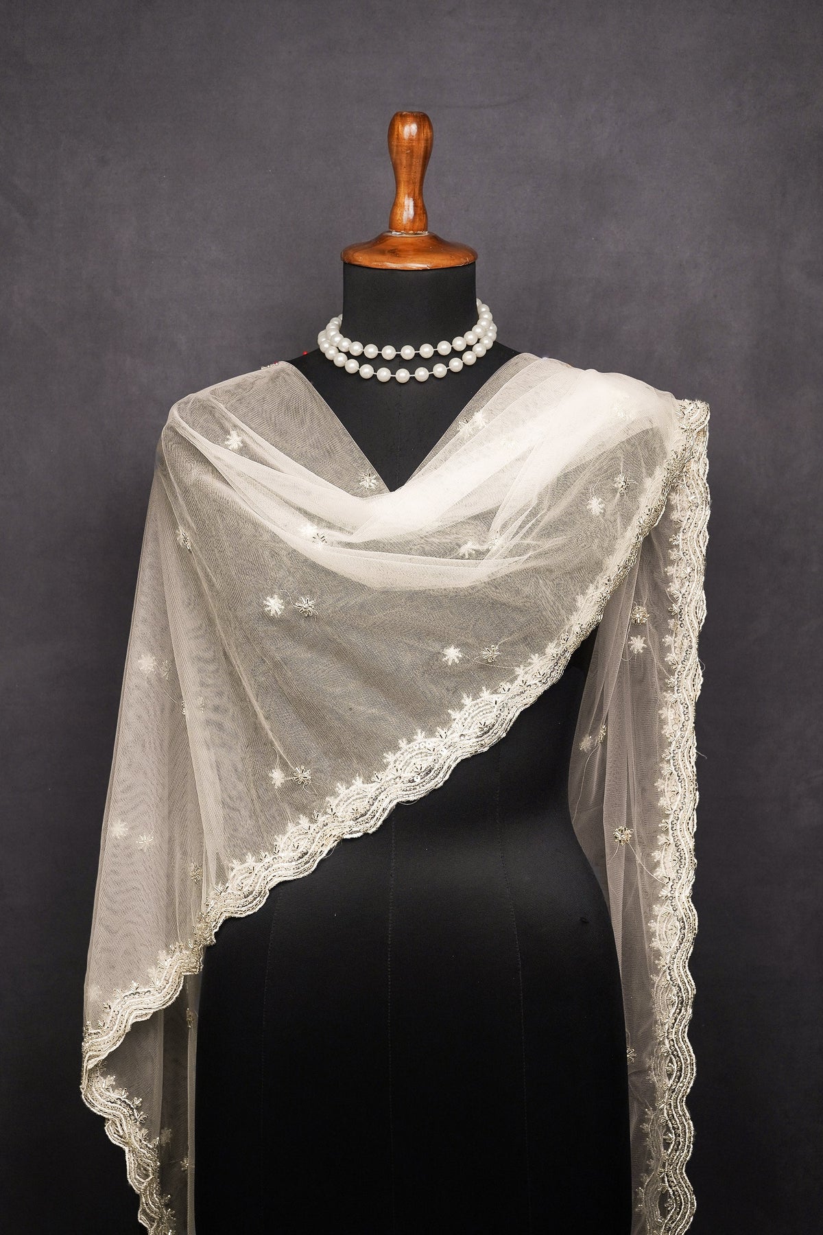 White Dyeable Net Dupatta All Over Silver Sequins And Katdana Work 22521