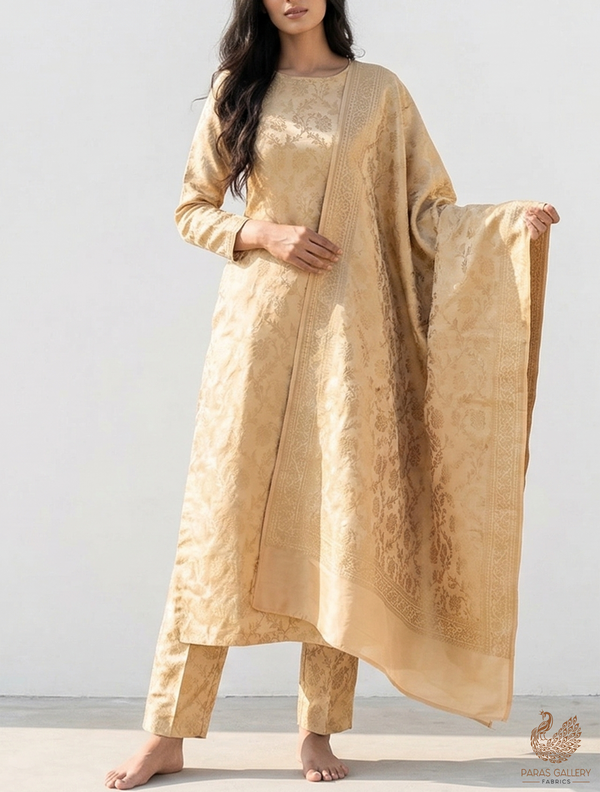 Golden Banarasi Brocade Fabric With All Over Golden Zari Handloom 22545