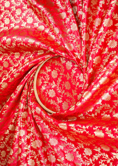 Red Banarasi Brocade Fabric With All Over Golden Zari Handloom 22548
