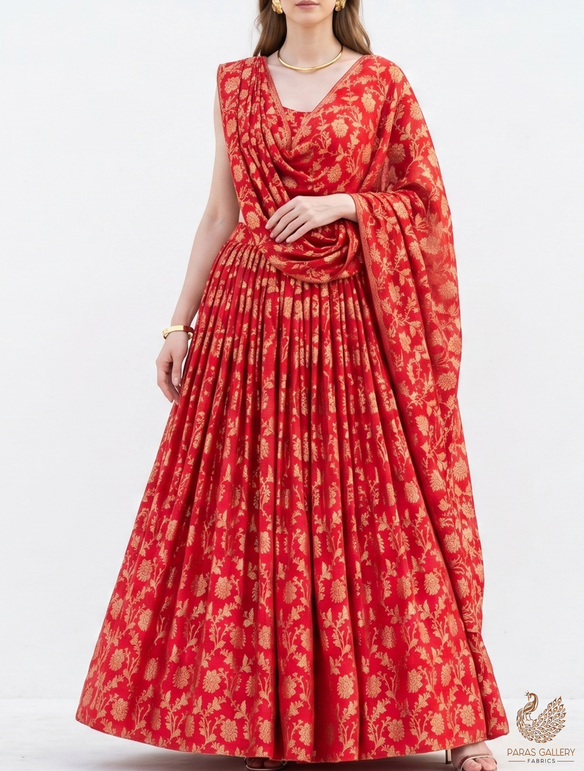 Red Banarasi Brocade Fabric With All Over Golden Zari Handloom 22548