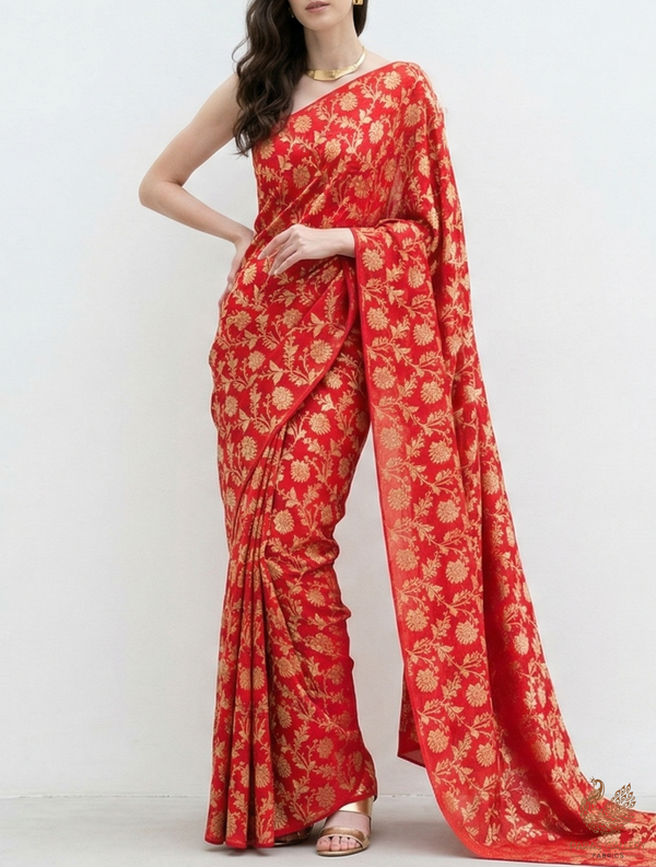 Red Banarasi Brocade Fabric With All Over Golden Zari Handloom 22548