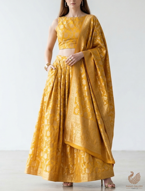 Mustard Banarasi Brocade Fabric With All Over Golden Zari Handloom 22549