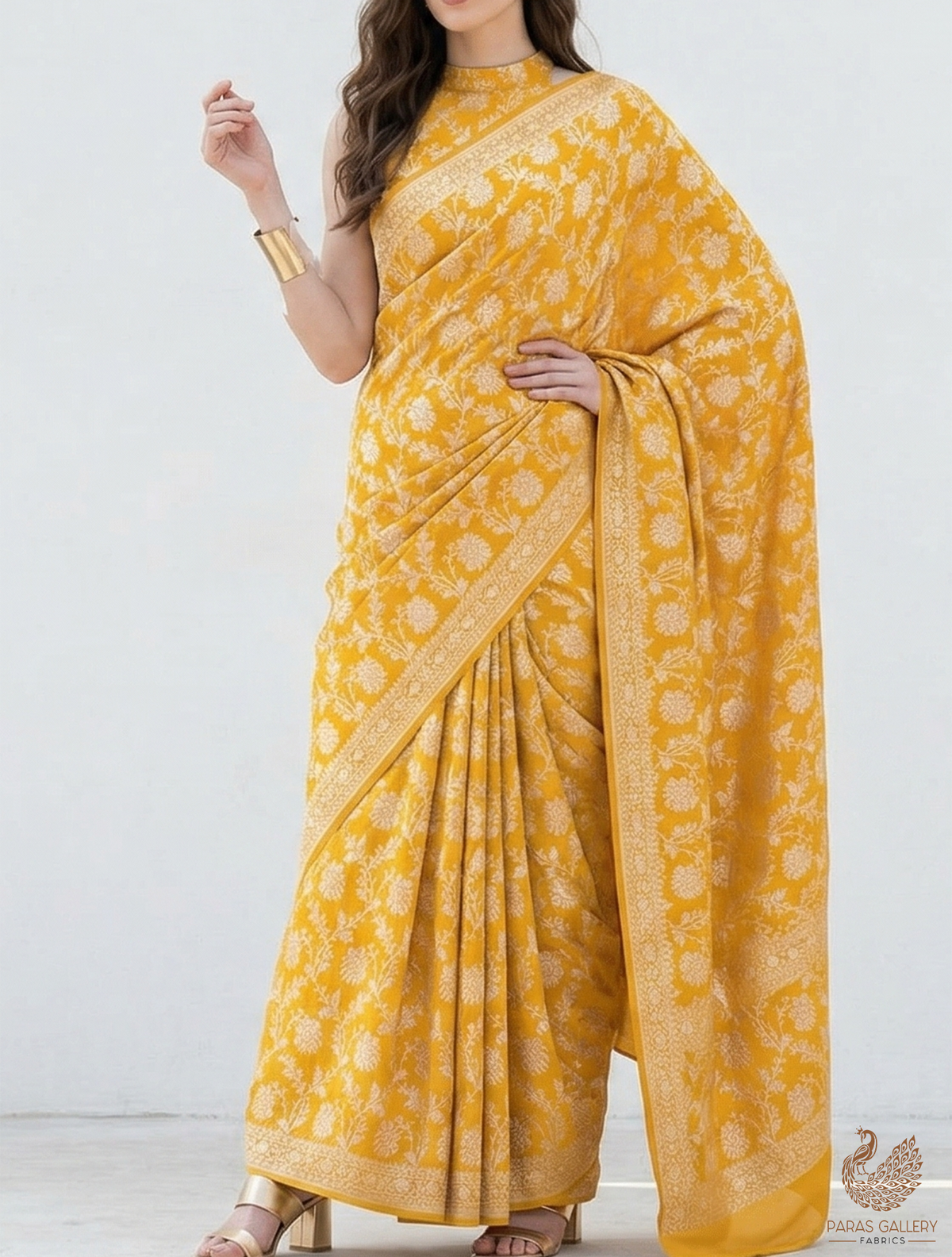 Mustard Banarasi Brocade Fabric With All Over Golden Zari Handloom 22549