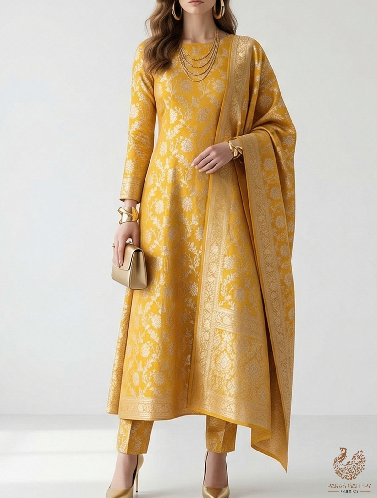 Mustard Banarasi Brocade Fabric With All Over Golden Zari Handloom 22549