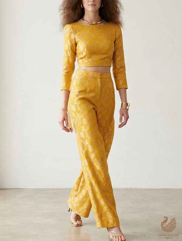 Mustard Banarasi Brocade Fabric With All Over Golden Zari Handloom 22549