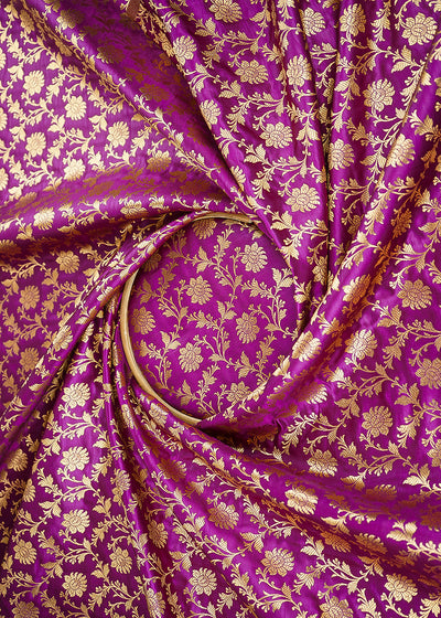 Purple Banarasi Brocade Fabric With All Over Golden Zari Handloom 22550