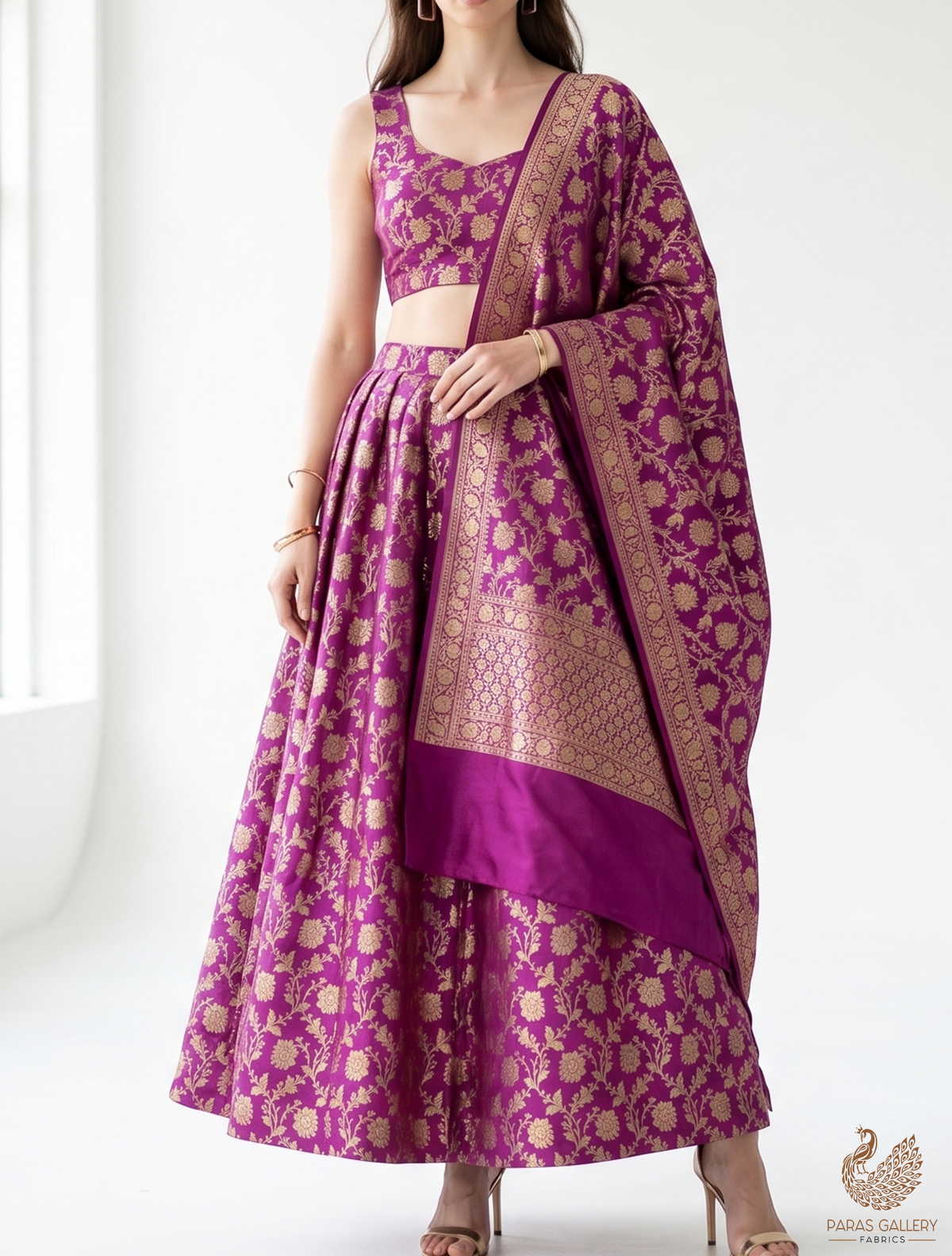 Purple Banarasi Brocade Fabric With All Over Golden Zari Handloom 22550