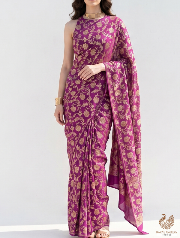 Purple Banarasi Brocade Fabric With All Over Golden Zari Handloom 22550