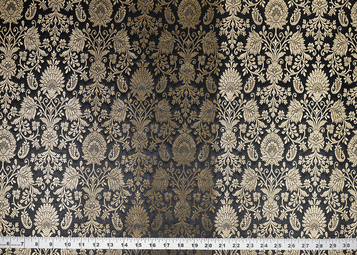 Black Banarasi Brocade Fabric With All Over Golden Zari Handloom 22551