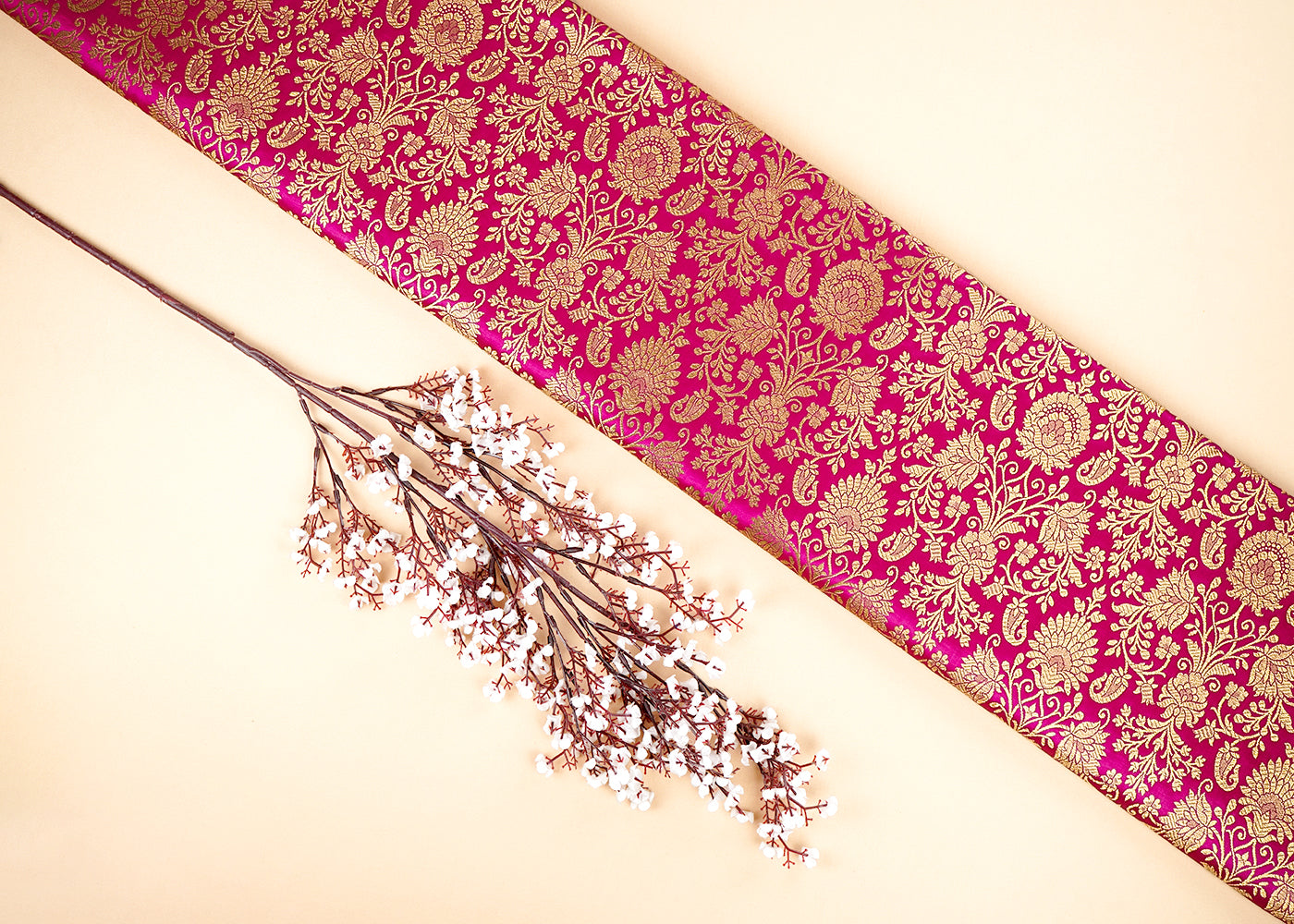 Rani Pink Banarasi Brocade Fabric With All Over Golden Zari Handloom 22553