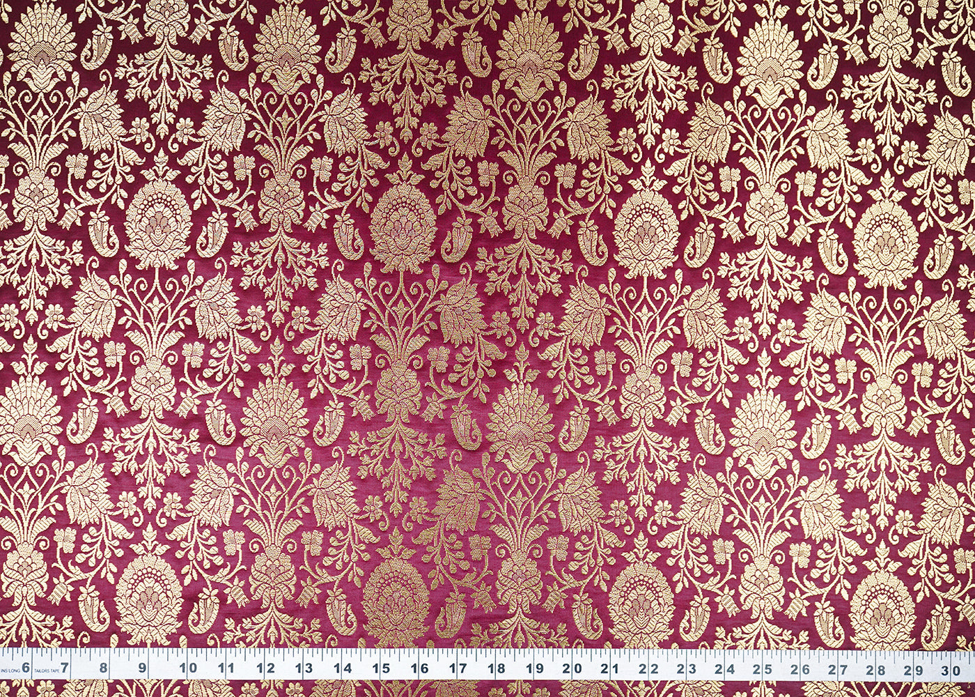 Wine Banarasi Brocade Fabric With All Over Golden Zari Handloom 22555
