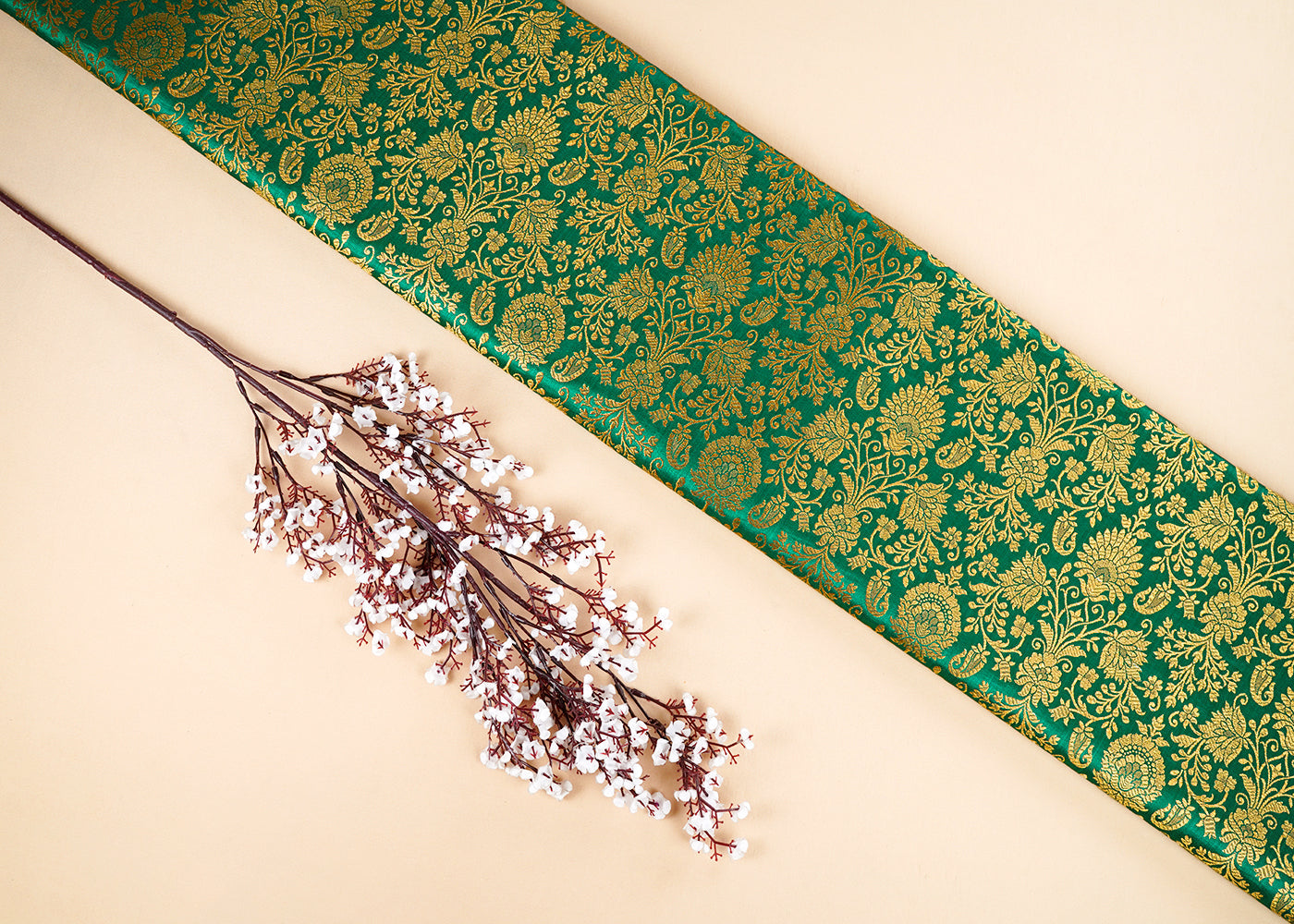 Green Banarasi Brocade Fabric With All Over Golden Zari Handloom 22556