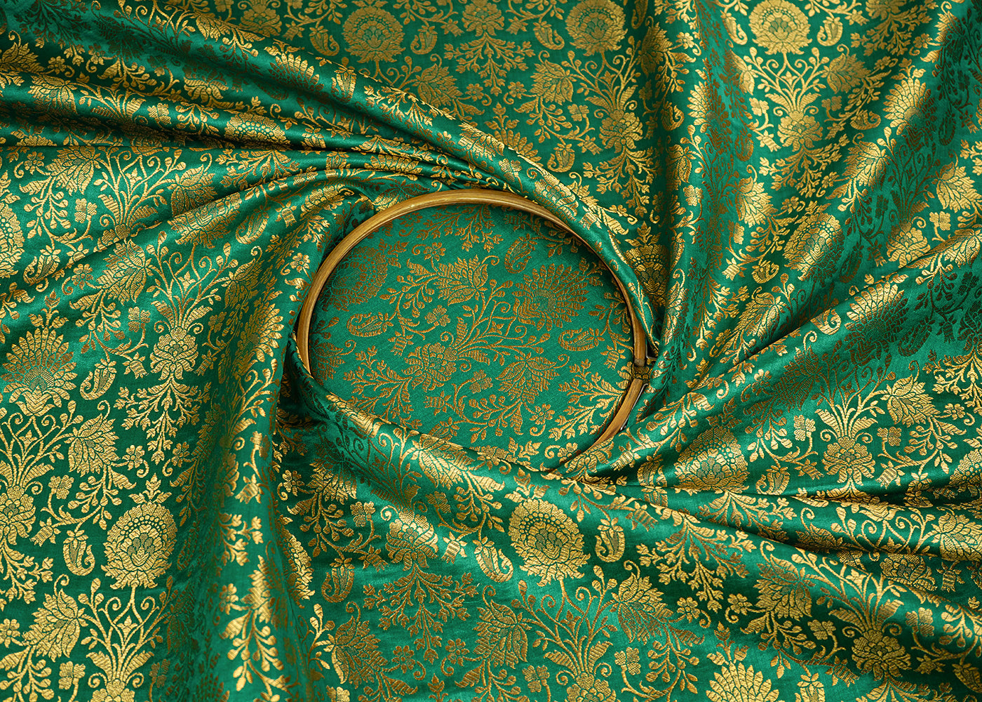 Green Banarasi Brocade Fabric With All Over Golden Zari Handloom 22556