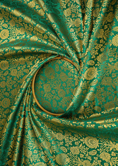 Teal Green Banarasi Brocade Fabric With All Over Golden Zari Handloom 22556