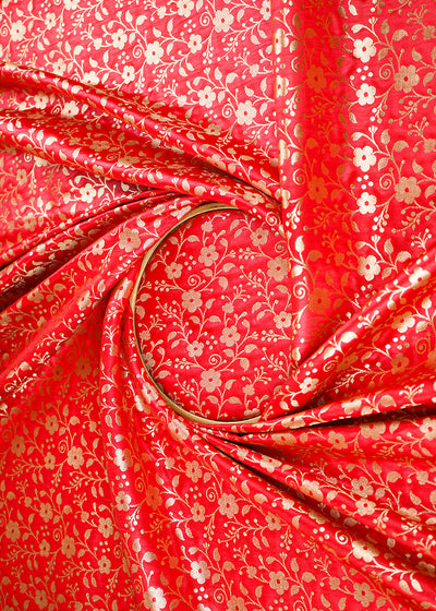 Red Banarasi Brocade Fabric With All Over Golden Zari Handloom 22563