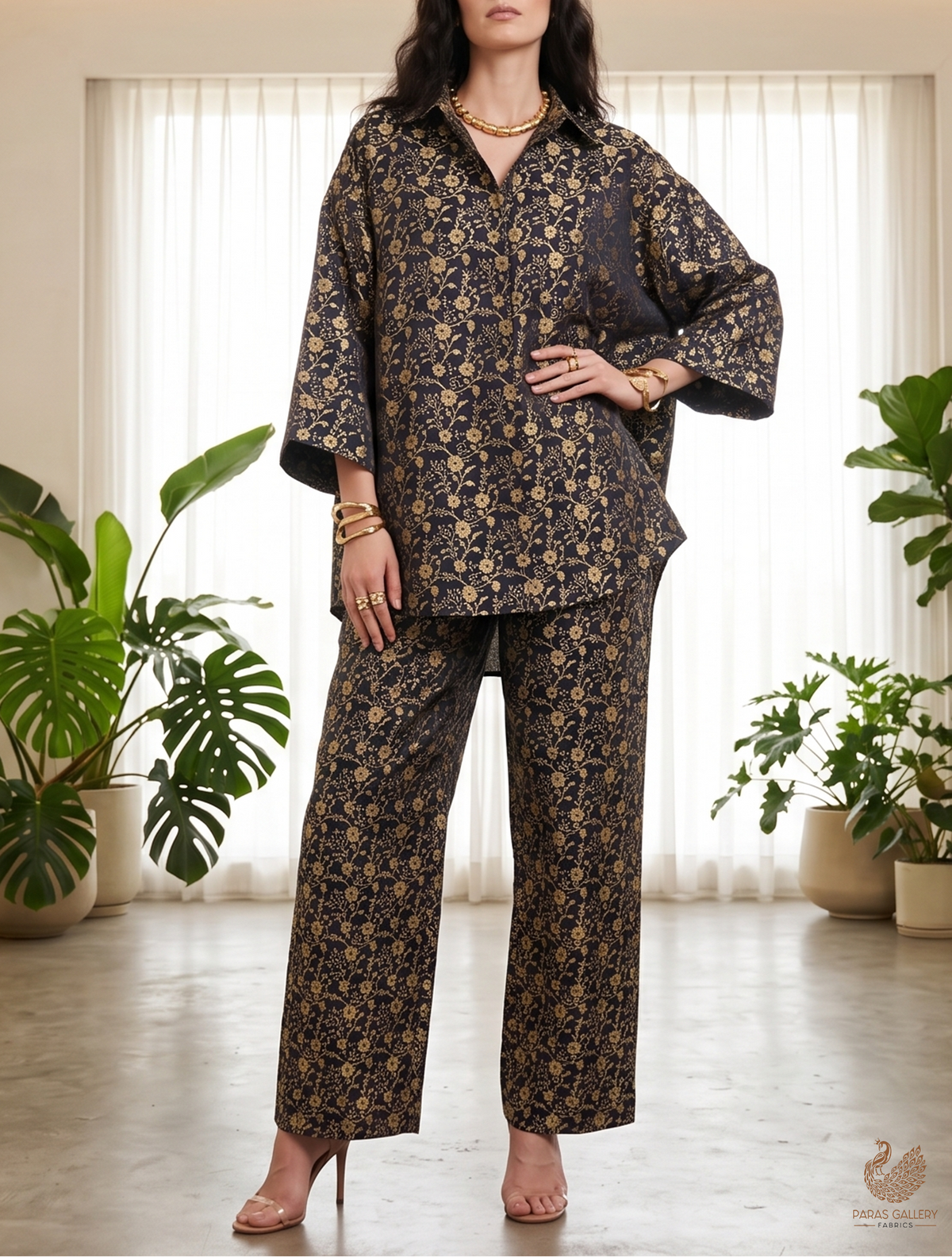Black Banarasi Brocade Fabric With All Over Golden Zari Handloom 22565