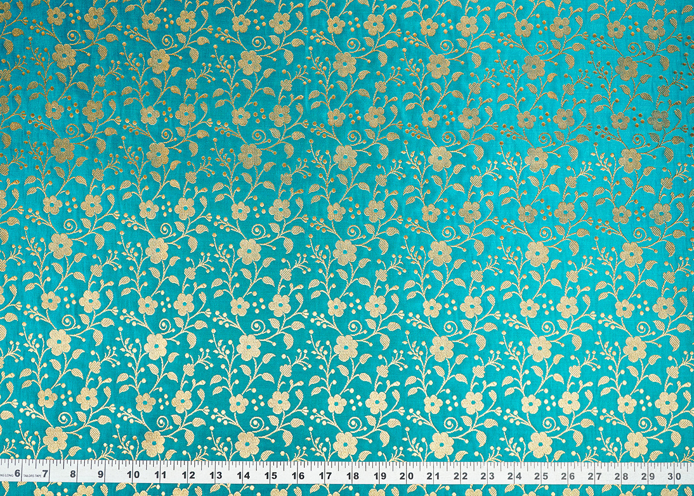 Teal Blue Banarasi Brocade Fabric With All Over Golden Zari Handloom 22566