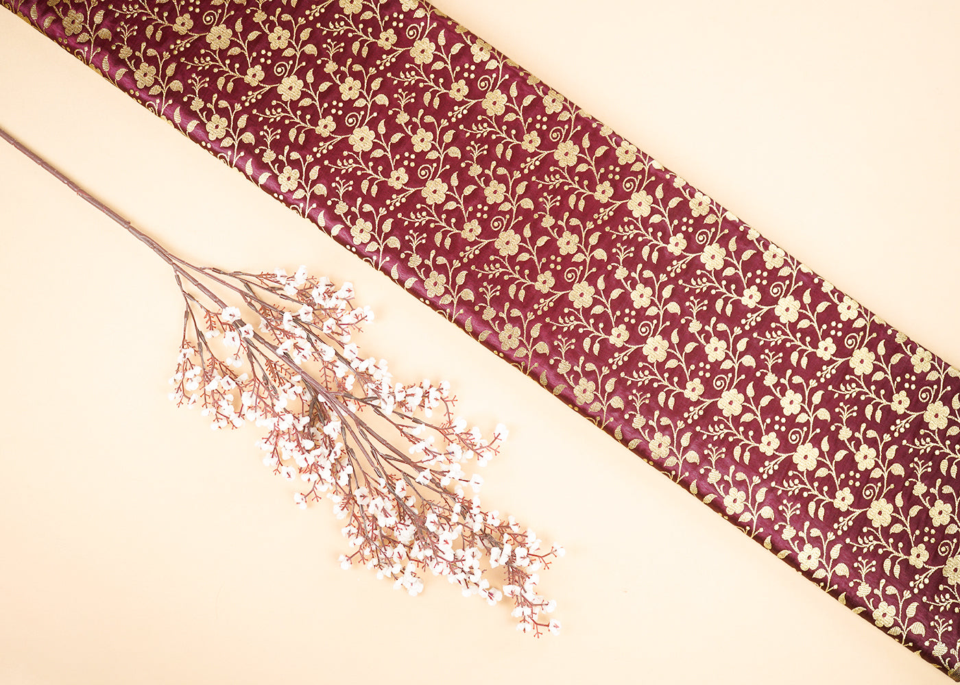 Wine Banarasi Brocade Fabric With All Over Golden Zari Handloom 22567