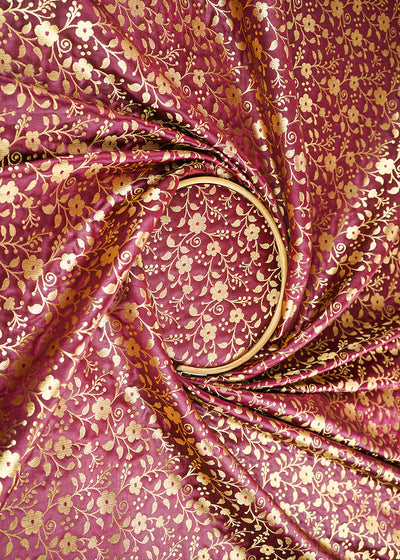 Wine Banarasi Brocade Fabric With All Over Golden Zari Handloom 22567