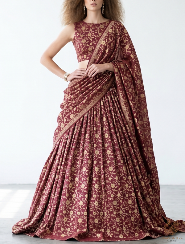 Wine Banarasi Brocade Fabric With All Over Golden Zari Handloom 22567