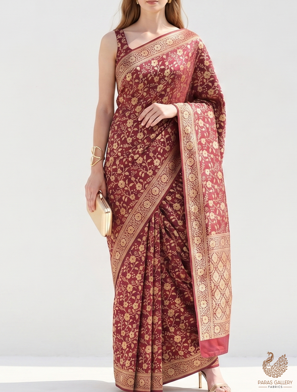 Wine Banarasi Brocade Fabric With All Over Golden Zari Handloom 22567