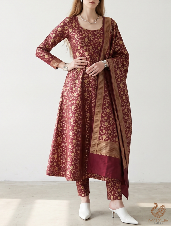 Wine Banarasi Brocade Fabric With All Over Golden Zari Handloom 22567