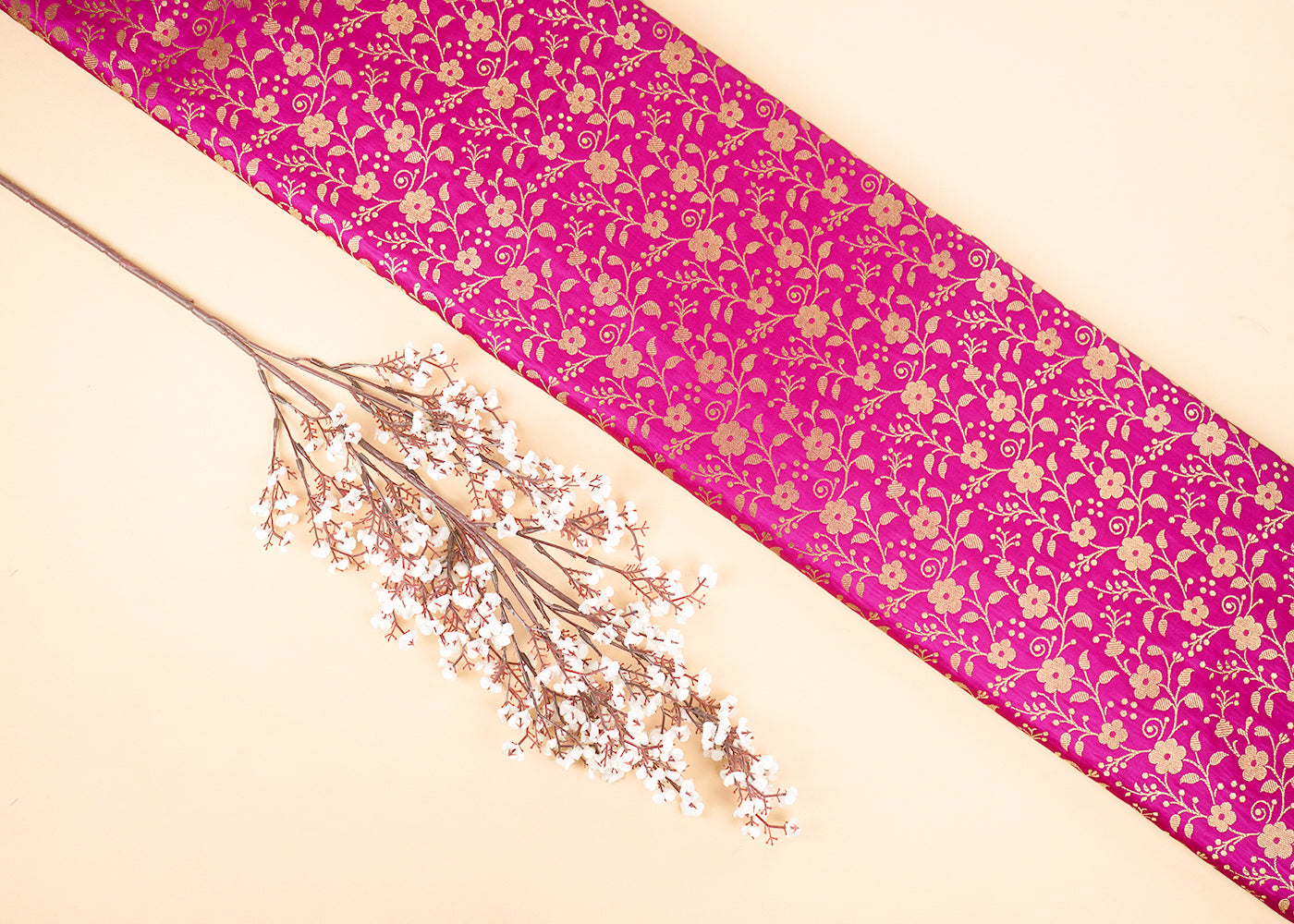 Pink Banarasi Brocade Fabric With All Over Golden Zari Handloom 22570