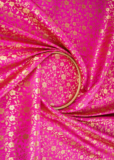 Pink Banarasi Brocade Fabric With All Over Golden Zari Handloom 22570